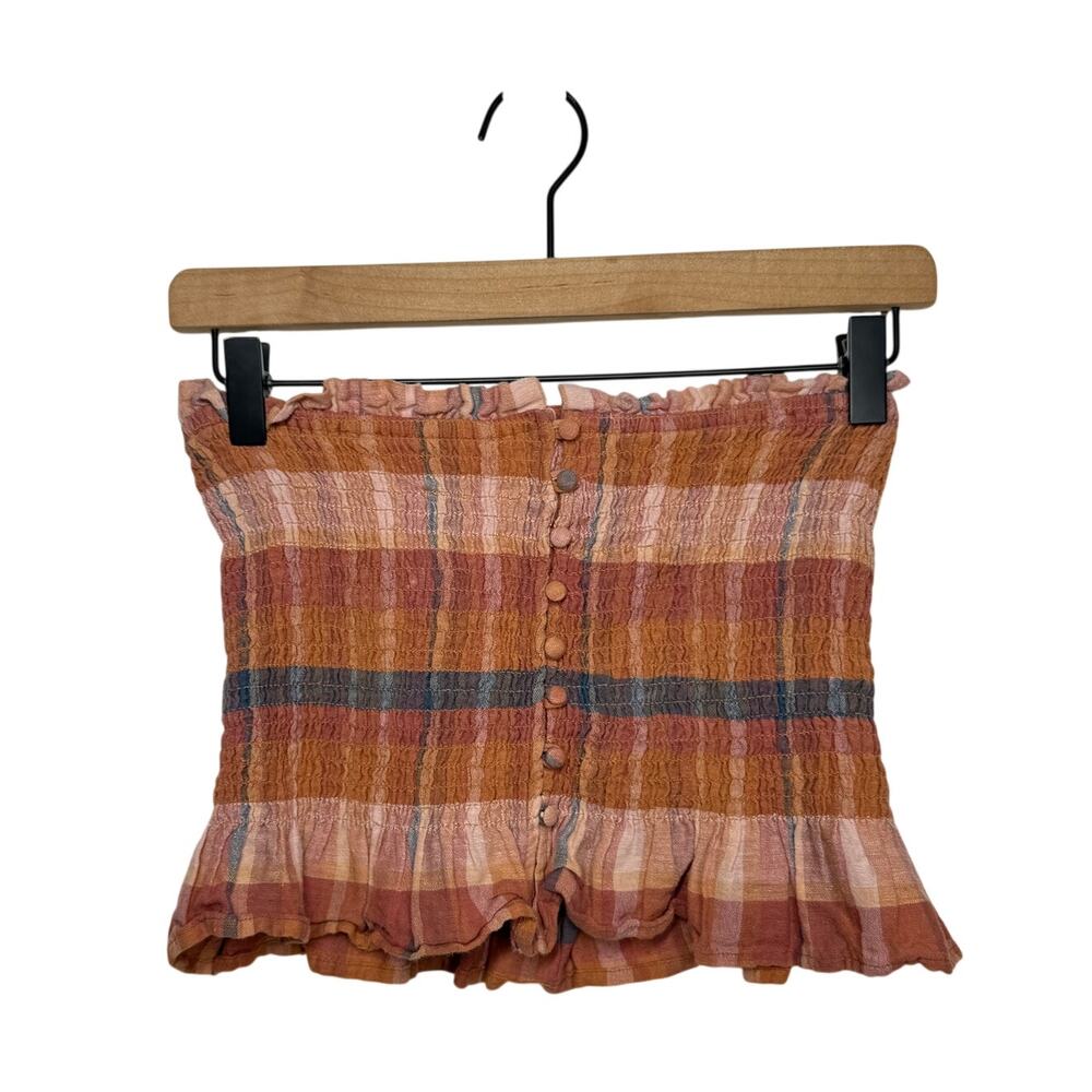 American Eagle Smocked Tube Top Size Small Orange Pink Plaid Button Front Boho